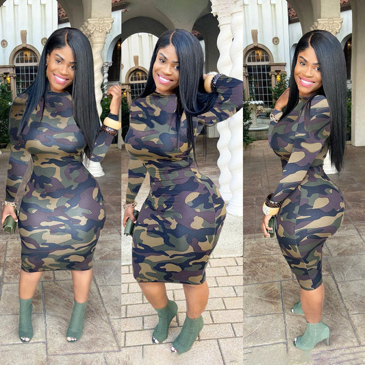 Plus Size Camo Print Long Sleeve Bodycon Dress