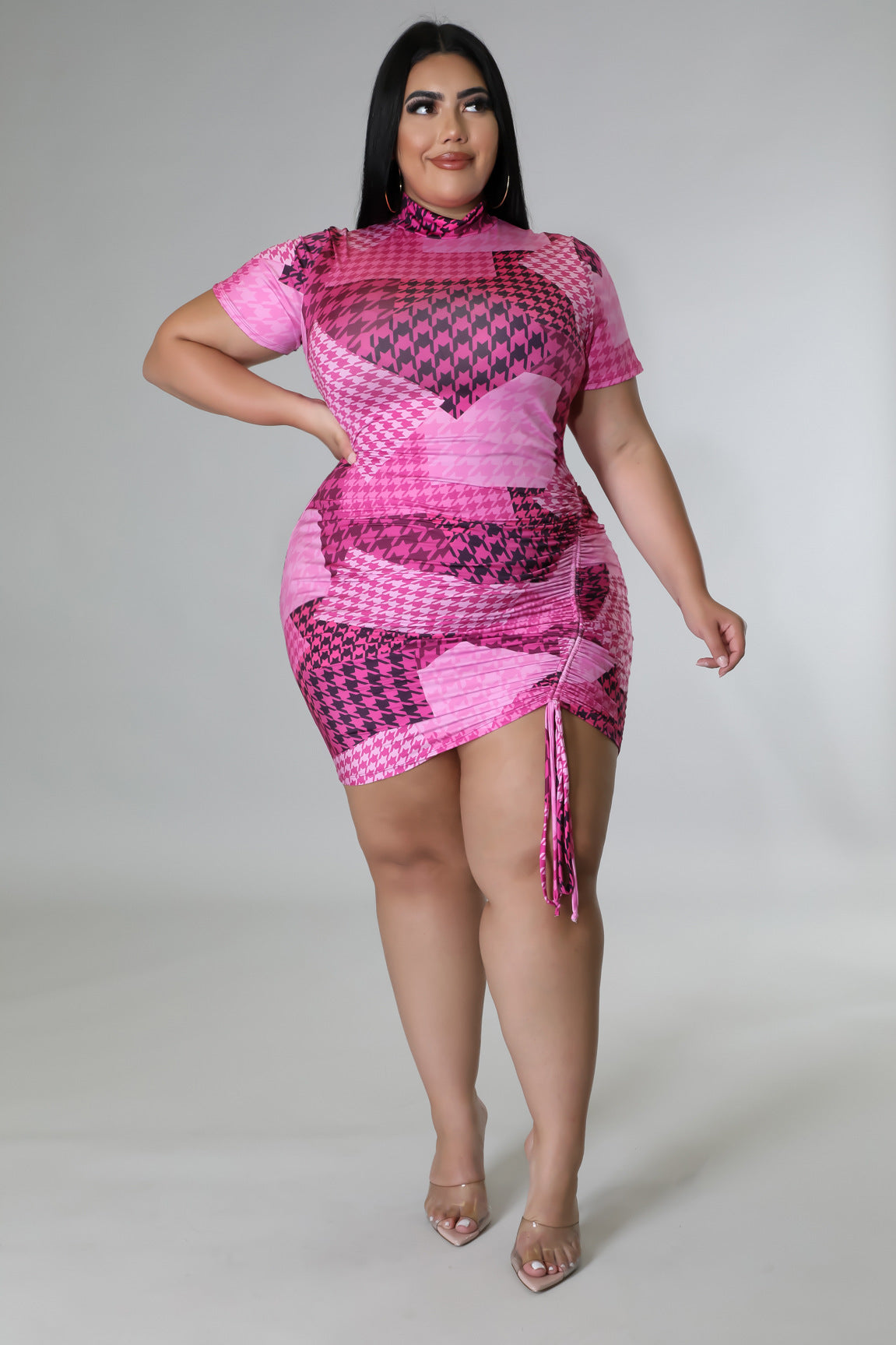 Plus Size Houndstooth Print Drawstring Mini Dress