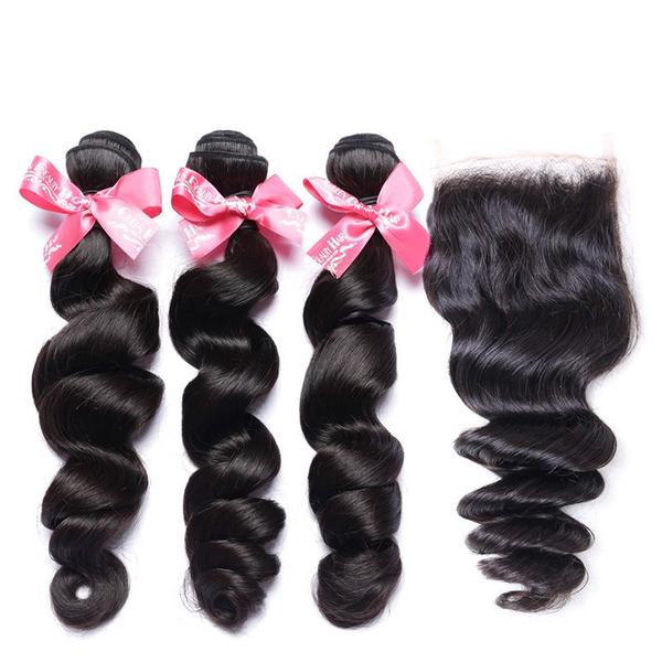 SUPERIOR LADY- Bundles With 4x4 HD Lace Closure Loose Wave Human Hair